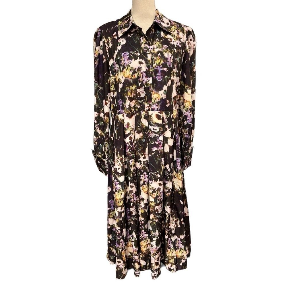 Dalia MacPhee Shirt Dress Dark Floral Abstract Pleated Midi Artsy Event Gala